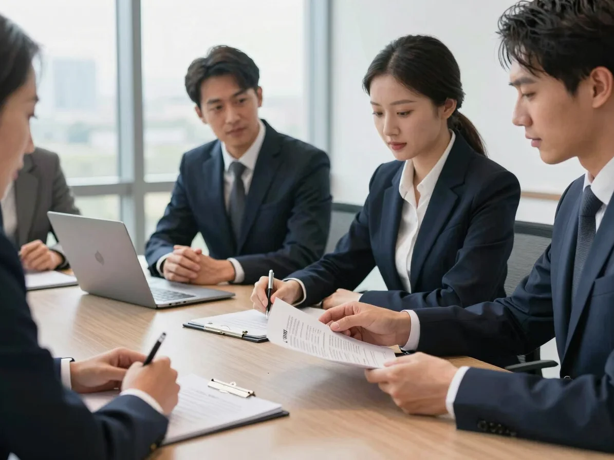 Close-up of business professionals reviewing international contra