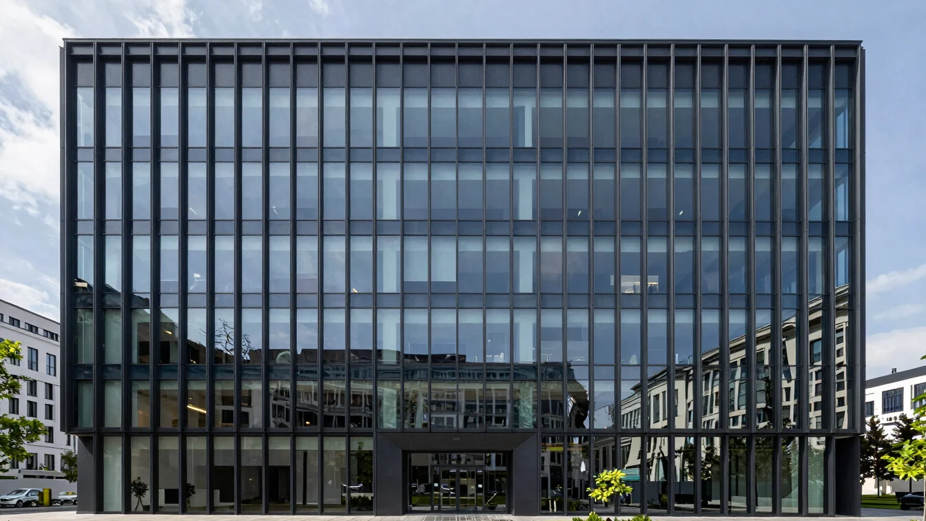Modern European corporate headquarters exterior, clean glass faca